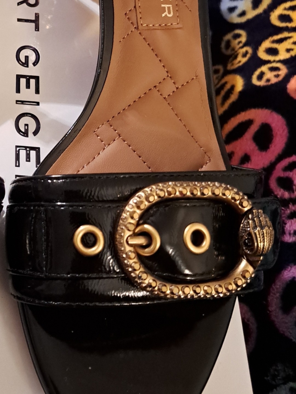 Kurt Geiger Black Patent Leather Ankle Strap Heels with Gold Buckle Detail - Picture 6 of 7